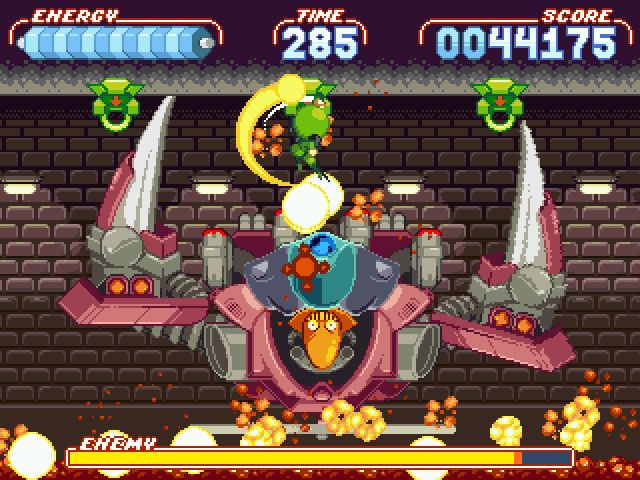 Noitu Love 2: Devolution (Windows) screenshot: One of the first mid-level bosses. You attack it hanging in the air, with lava below.