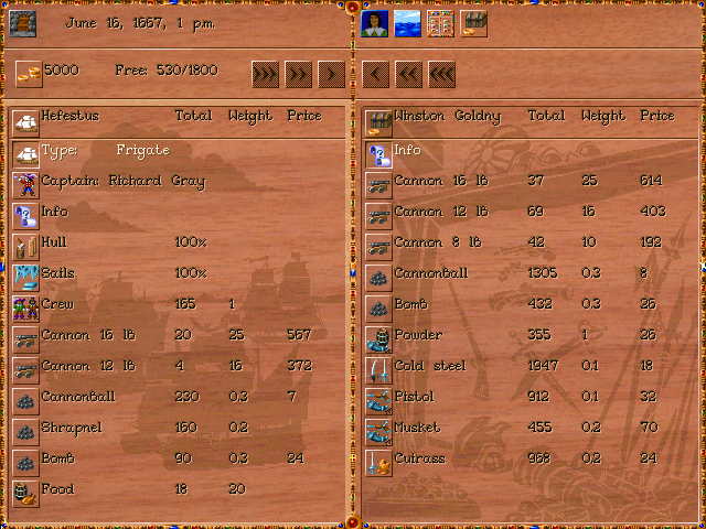 Sea Legends (DOS) screenshot: You can trade your ship's inventory items.