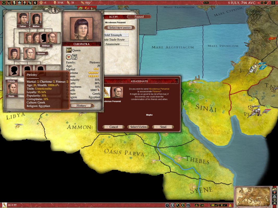 Europa Universalis: Rome (Windows) screenshot: She can do better. Cleopatra prepares to knock off her little brother/husband in favor of finding a stronger mate.