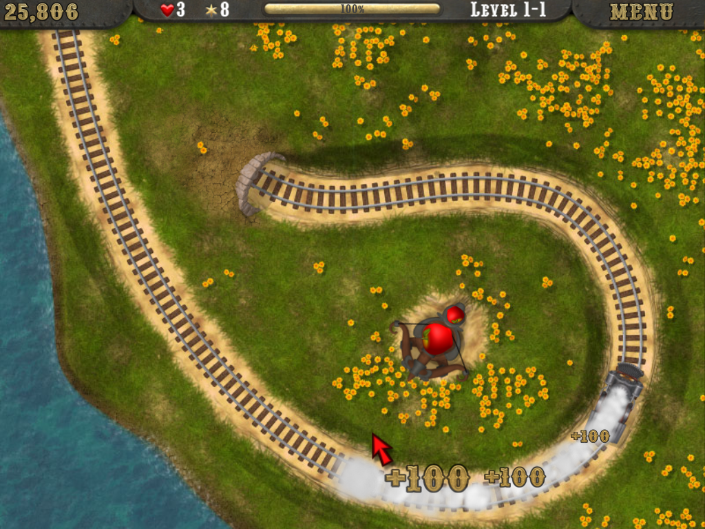 Loco (Windows) screenshot: A cleared train leaves the town.