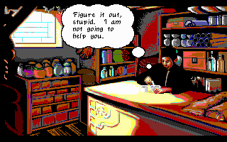 Heart of China (DOS) screenshot: This guy doesn't seem to want to help me (EGA)