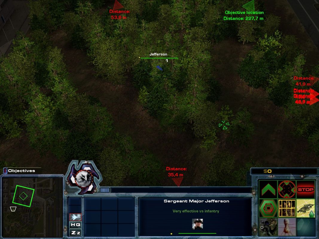 Act of War: High Treason (Windows) screenshot: Jefferson is sneaking through the forest storming with enemy troops