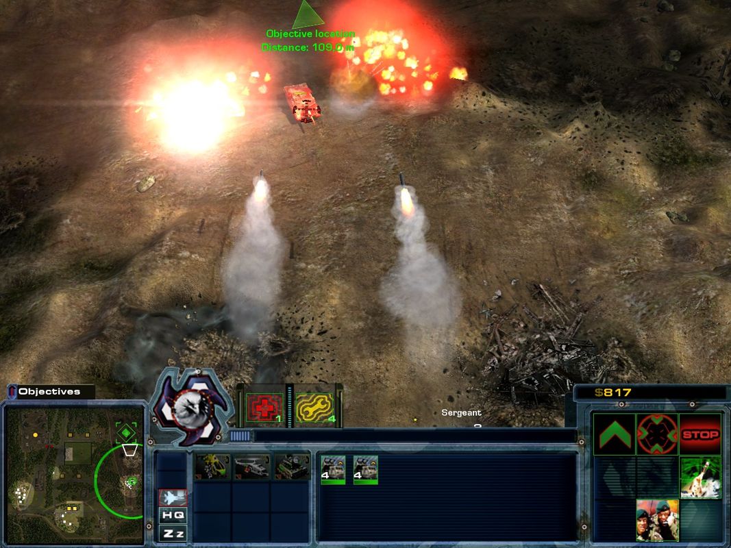 Act of War: High Treason (Windows) screenshot: Bombing enemy tanks with Multi-Launching-Rocket-System trucks from a safe distance