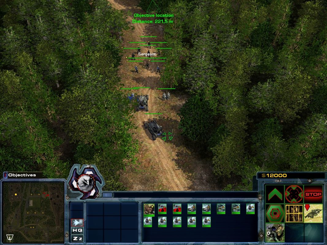 Act of War: High Treason (Windows) screenshot: Leading a small task force through the forest trail