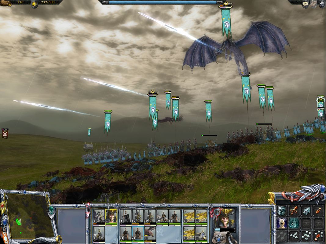 Warhammer: Mark of Chaos (Windows) screenshot: Magical artillery. Elven 'Eagle Claw' bolt throwers fire a round over their battle line while air support stands by.