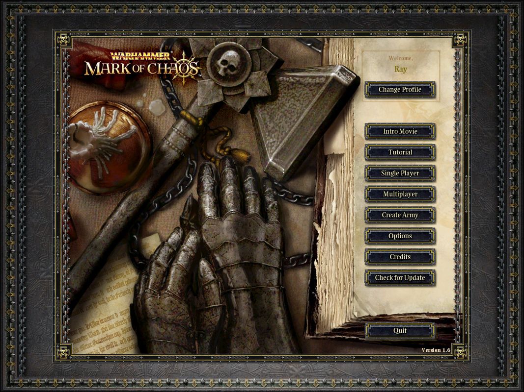 Warhammer: Mark of Chaos (Windows) screenshot: Menu of Chaos. The main menu screen.