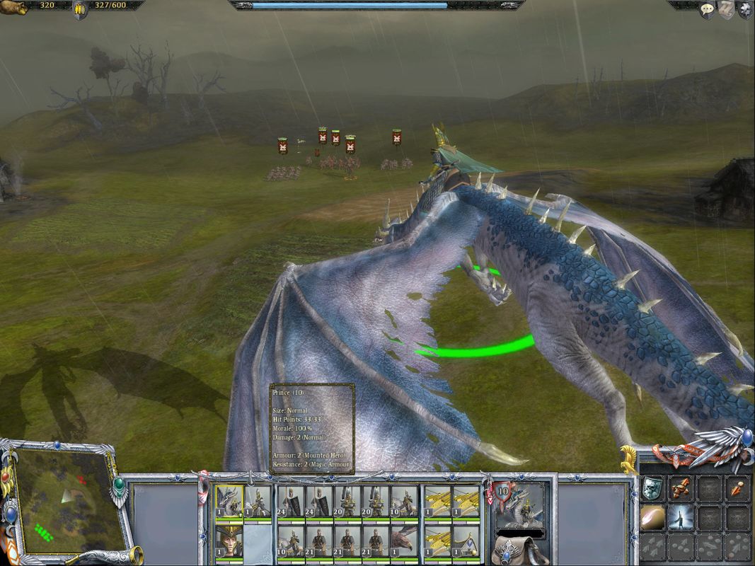 Warhammer: Mark of Chaos (Windows) screenshot: Air Superiority. An Elven Prince on dragonback spots the enemy and prepares for an attack run.