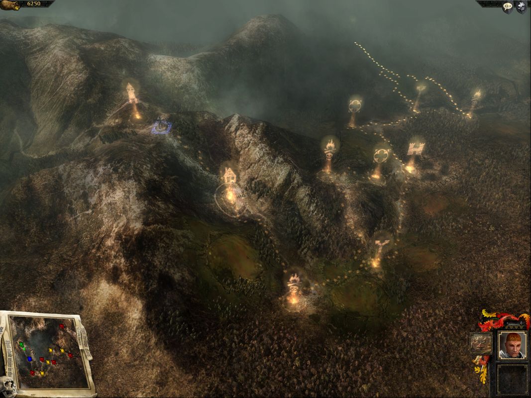 Warhammer: Mark of Chaos (Windows) screenshot: The long campaign trail. The overview campaign map shows you the nodes for various encounters and battles.