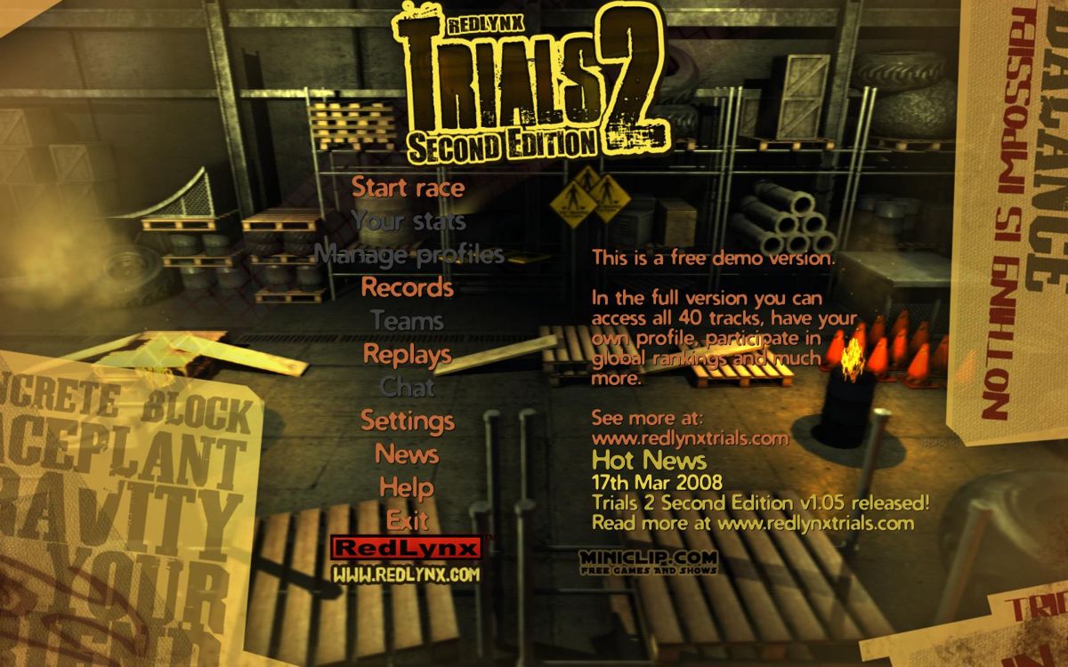 RedLynx Trials 2: Second Edition (Windows) screenshot: Main Menu