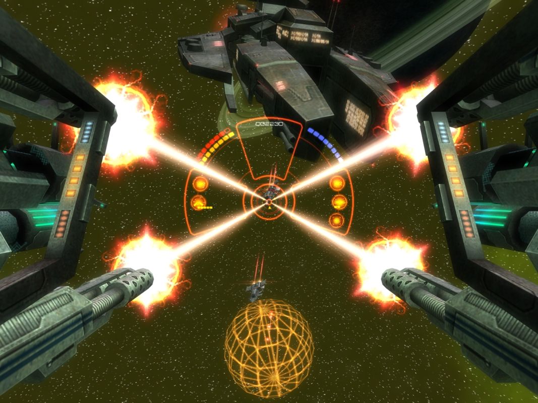 Protector (Windows) screenshot: Unloading on another enemy with all four laser upgrades at once