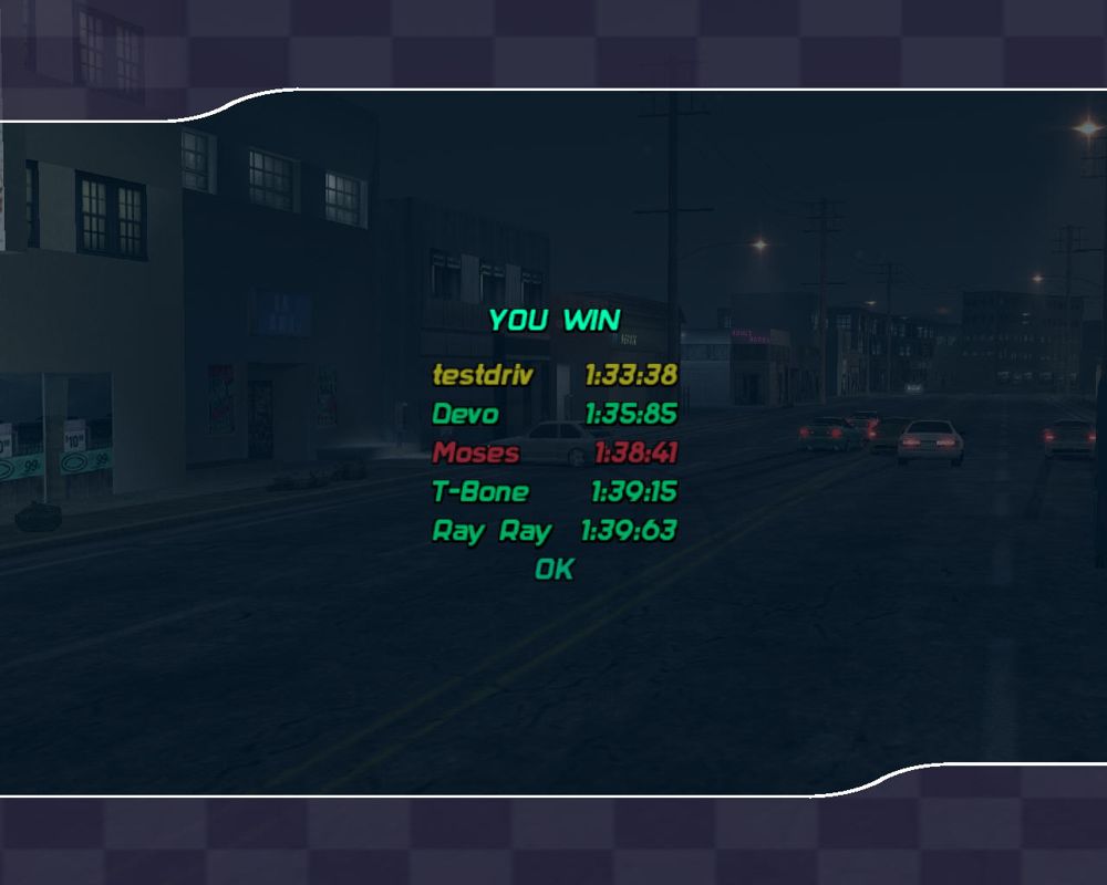 Midnight Club II (Windows) screenshot: You have won the race