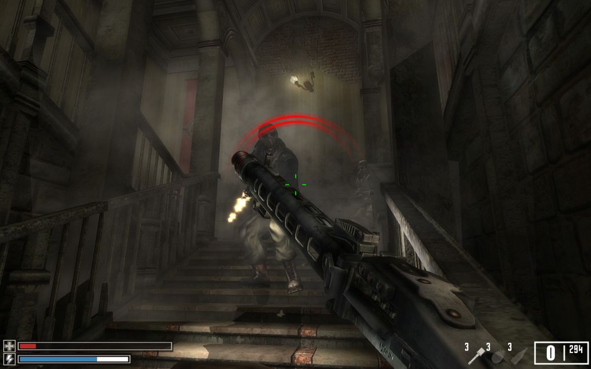 Crimes of War (Windows) screenshot: Reloading in front of an enemy is fatal! When you get hit by enemy fire a red arc indicator shows the direction the shot came from