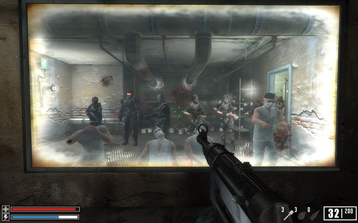 Crimes of War (Windows) screenshot: Dietrich's squad executes a team of Nazi scientists. Dietrich is the big guy on the left with the red glowing eyes and the coolest uniform in the game :)