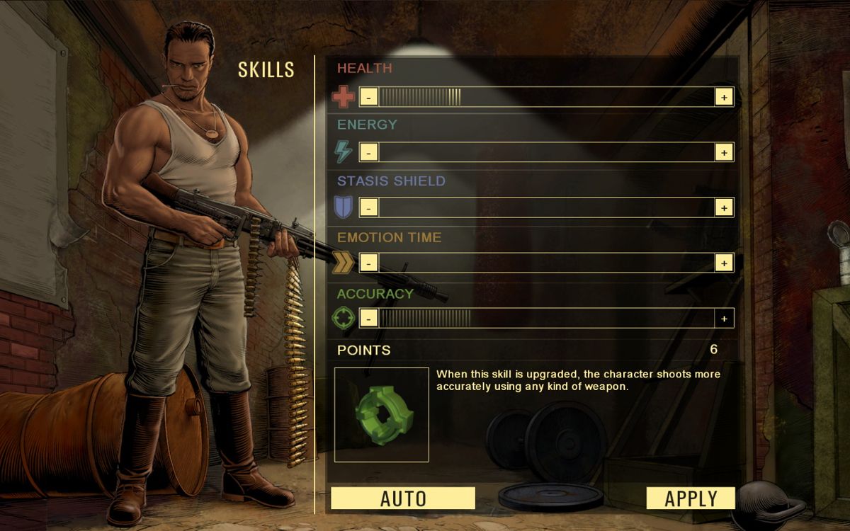 Crimes of War (Windows) screenshot: Based on how many headshots or melee attacks you scored, you gain experience points which after completing levels you have to spend on improving your character on various aspects