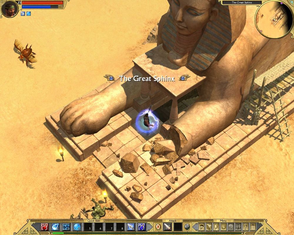 Titan Quest (Windows) screenshot: Most likely the Sphinx was built by the pre-Egyptian civilization, more than 10,000 years ago... OK let's kill some monsters.