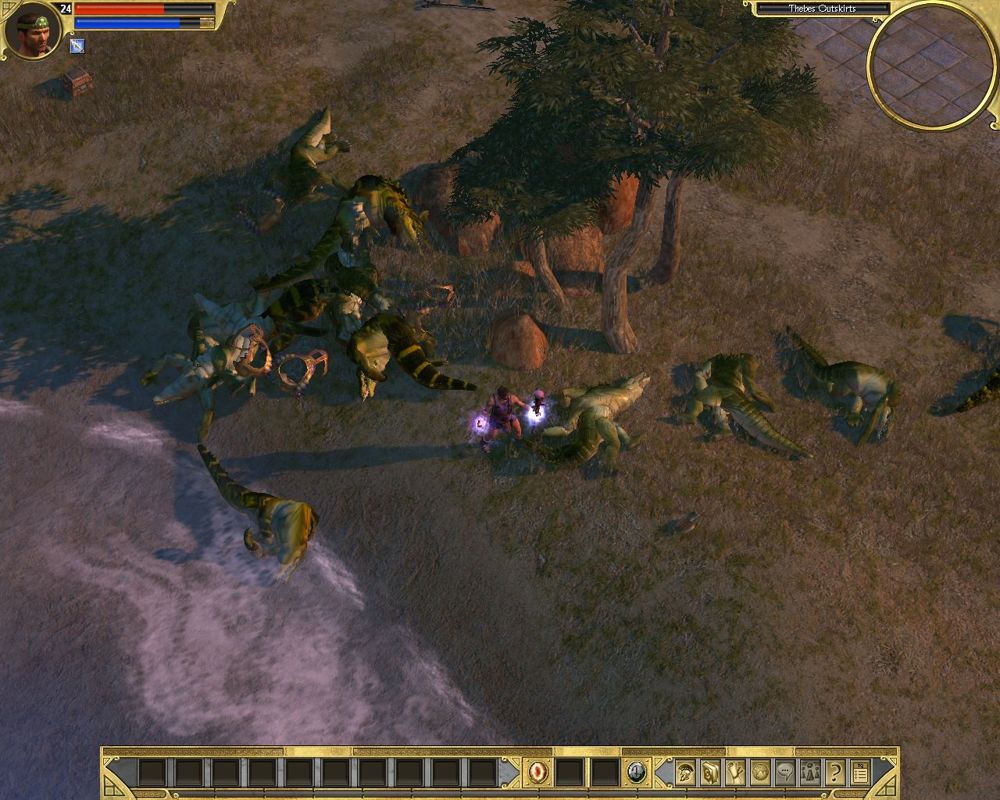 Titan Quest (Windows) screenshot: Oh, I'll just drag these crocodiles back to the village and ask that guy, Gucci, to make shoes for everybody.