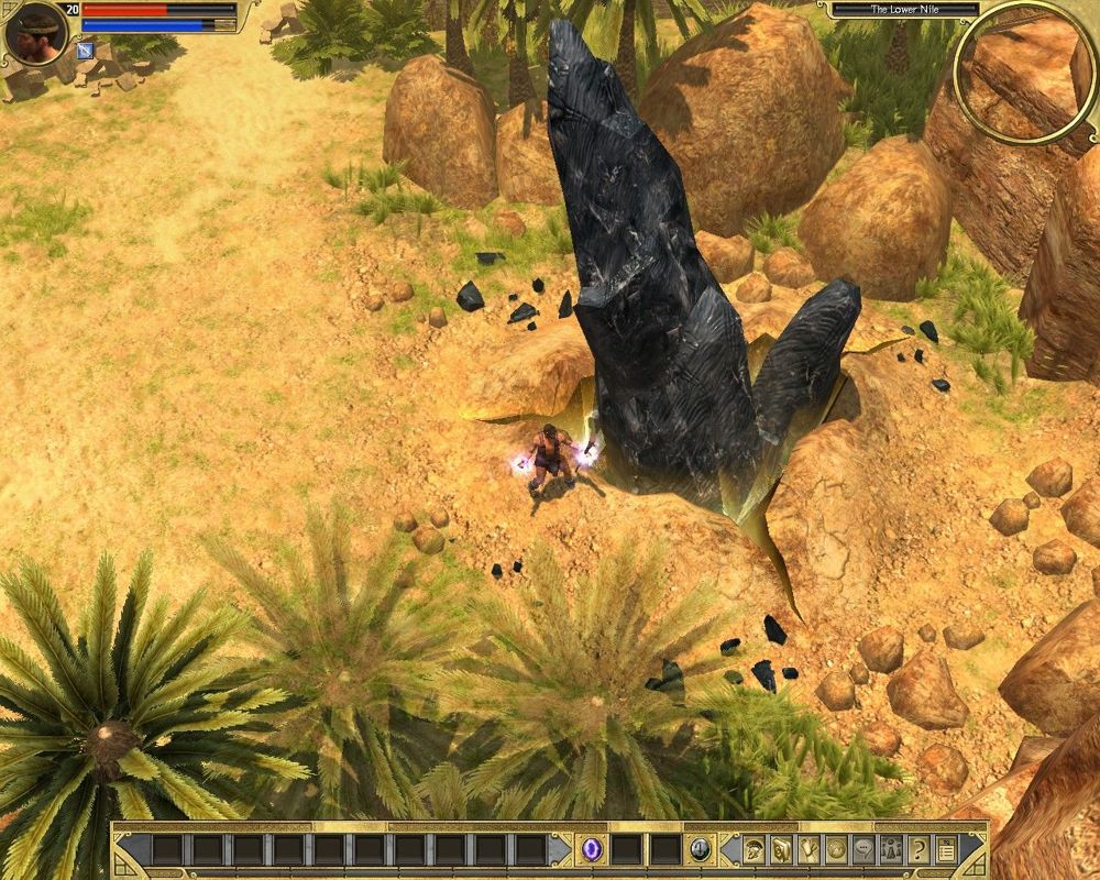 Titan Quest (Windows) screenshot: Stupid rock, coming out of the earth right in front of me... have taste this computer-generated magic effect from my staff!