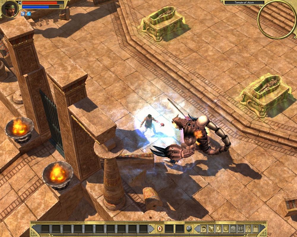 Titan Quest (Windows) screenshot: Killing some scorpion king guy. Nothing personal, he's just between me and my next quest.