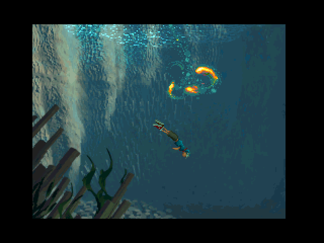 Heart of Darkness (Windows) screenshot: Escaping the black flyers through the magical lake.