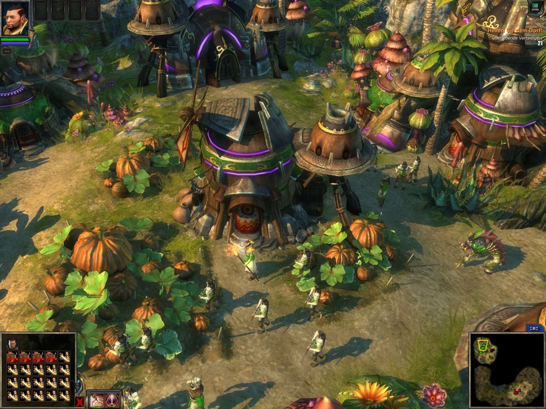 WorldShift (Windows) screenshot: A tribe-city with a shaman hero.