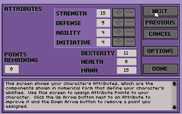 Shadow of Yserbius (DOS) screenshot: One of a few <b>character creation</b> screens
