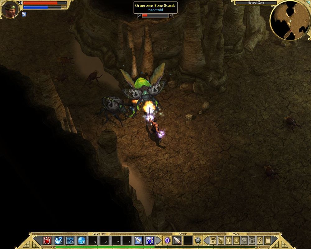 Titan Quest (Windows) screenshot: If you see that bug do that thing... it means you're dead in the next second. And I saw it more than 3 times in a row.