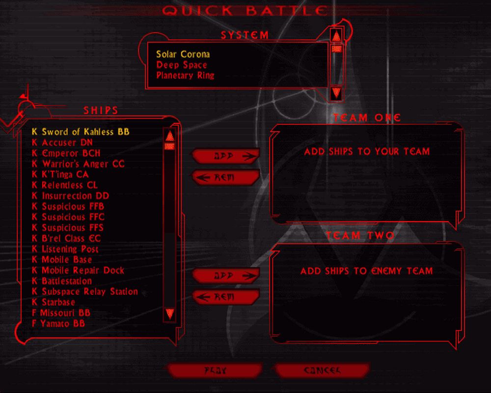 Star Trek: Klingon Academy (Windows) screenshot: Quick Battle setup screen