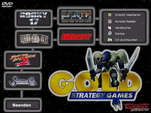 Gold Strategy Games (Windows) screenshot: Start screen of the compilation. Click on a game icon to install the corresponding game.