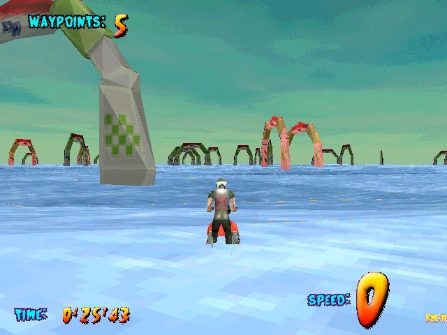 Kawasaki Jet Ski Watercraft (Windows) screenshot: In Derby mode, you have to paint checkpoints in your color by riding through them.