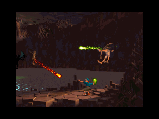 Heart of Darkness (Windows) screenshot: Team work, you and your Amigo battling the black scavengers.