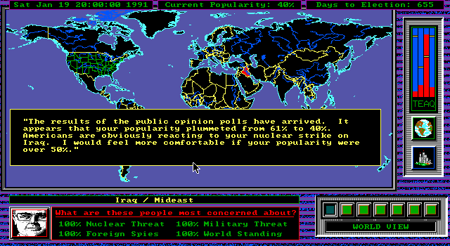 Shadow President (DOS) screenshot: For some reason Americans didn't like my decision
