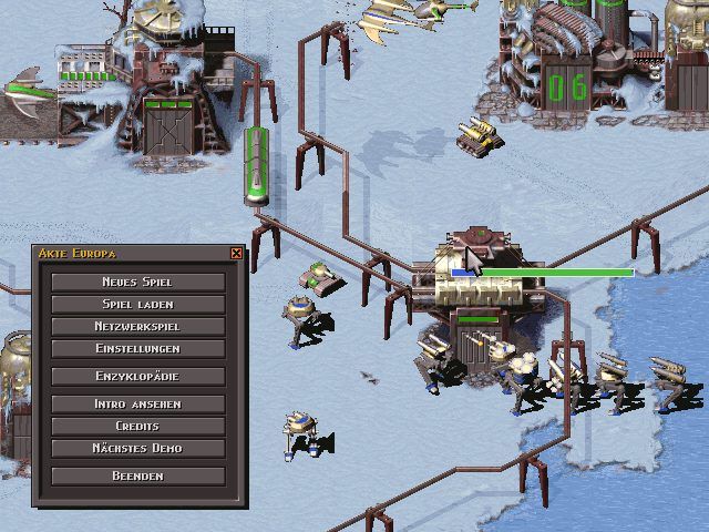 Akte Europa (Windows) screenshot: Main menu. AI playing with himself on the background.