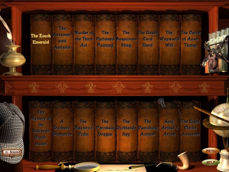 The Lost Cases of Sherlock Holmes (Windows) screenshot: Bookshelf with each case book