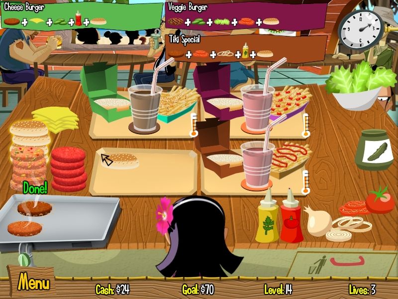 Burger Island (Windows) screenshot: As you get new recipes, the table gets crowded by ingredients. Those Veggie Burgers are a pain to prepare!