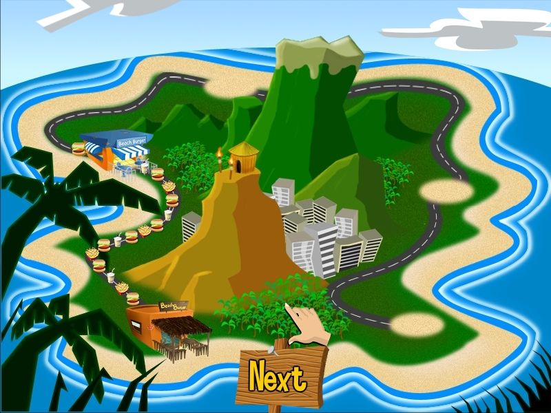 Burger Island (Windows) screenshot: Now you have two of five restaurants in the island.