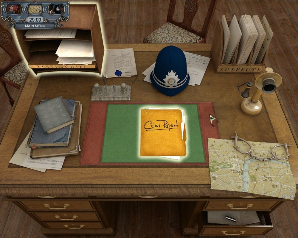 Sherlock Holmes: The Mystery of the Persian Carpet (Windows) screenshot: Scotland Yard desk