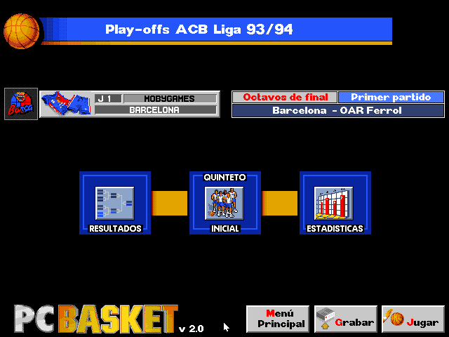 PC Basket 2.0 (DOS) screenshot: Your team menu for the play-offs
