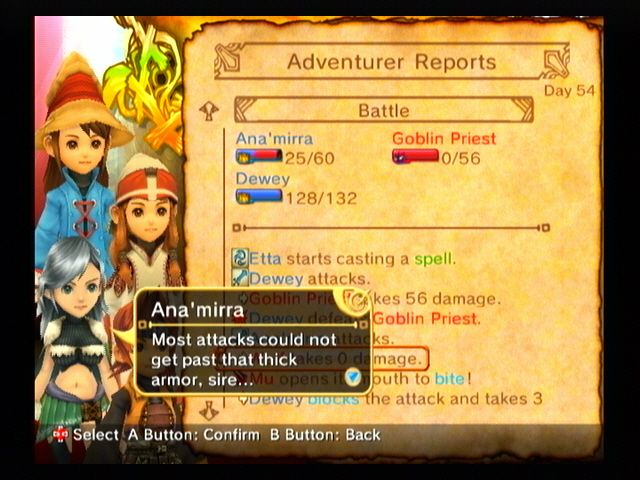 Final Fantasy: Crystal Chronicles - My Life as a King (Wii) screenshot: Battle report from a party of adventurers