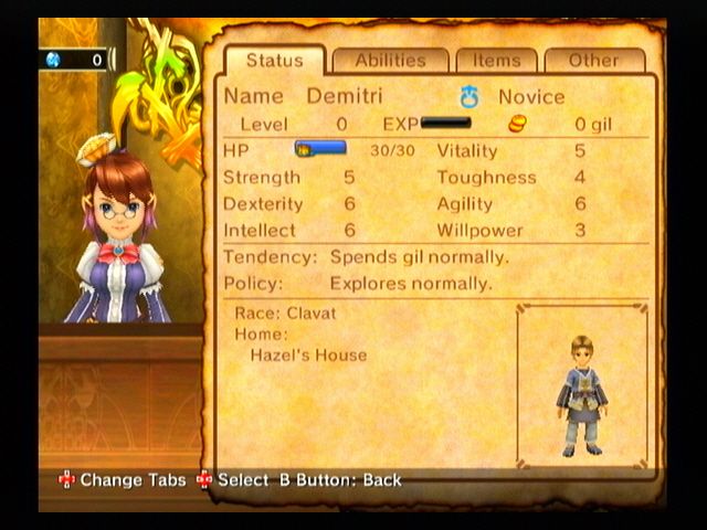 Final Fantasy: Crystal Chronicles - My Life as a King (Wii) screenshot: Checking on your adventurers stats.