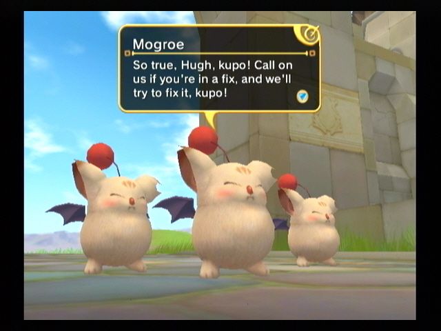 Final Fantasy: Crystal Chronicles - My Life as a King (Wii) screenshot: The moogle brothers are at your service.