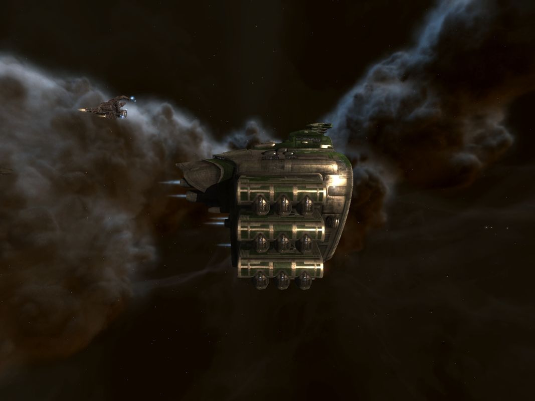 EVE Online (Windows) screenshot: Size comparison between a Moa cruiser (on the left) and a bigger cargo hauler