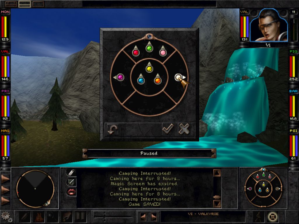 Wizardry 8 (Windows) screenshot: You can arrange the positions of your party members. A good idea is to have your spell casters protected behind your fighters. But remember that enemies can attack from any direction.