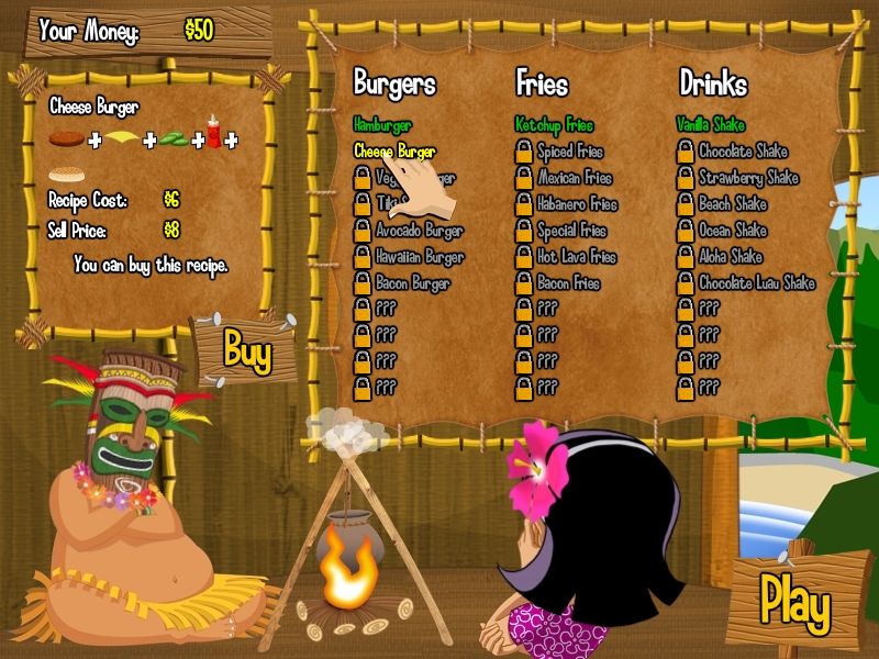 Burger Island (Windows) screenshot: Now Patty can buy new recipes with her hard earned money. New recipes become available as she gets better in business.