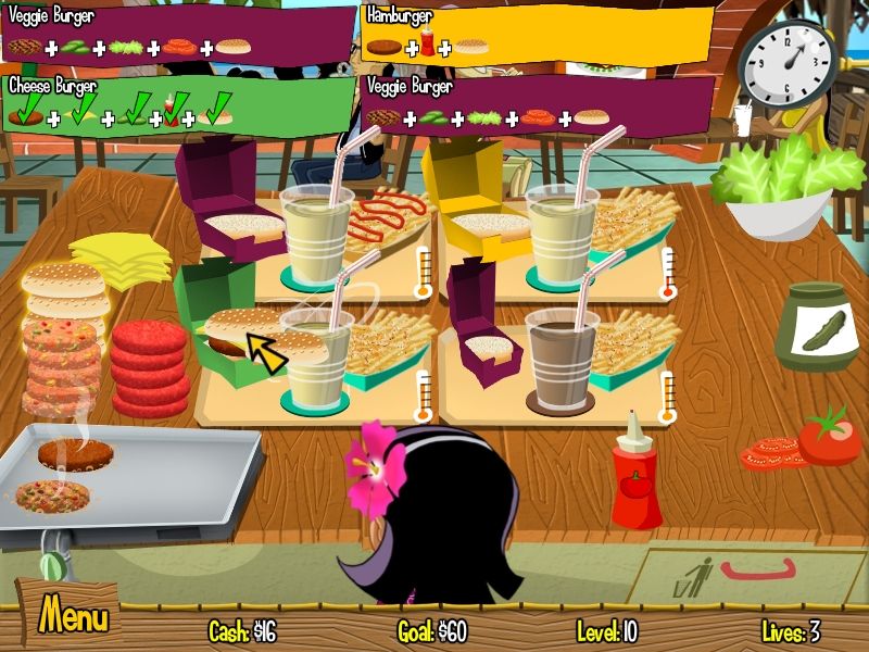 Burger Island (Windows) screenshot: Sometimes the table can get really crowded. Too many different orders can make you confused.