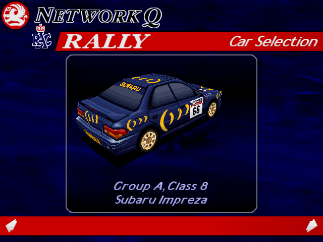 Rally Championship: International Off-Road Racing (DOS) screenshot: Car Select Screen