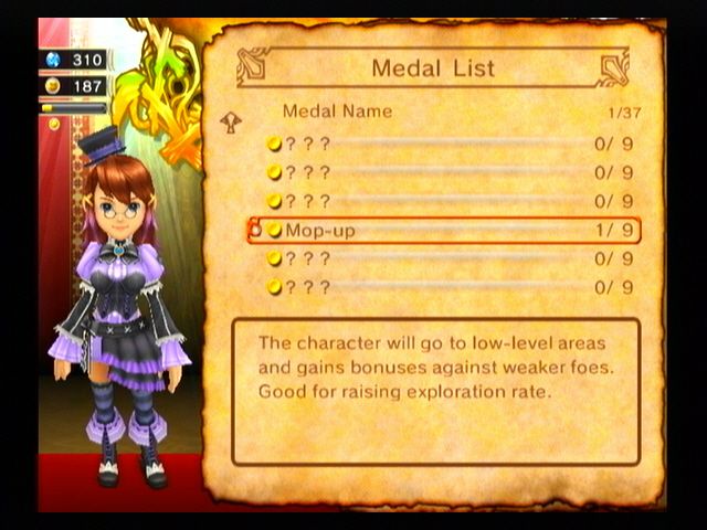 Final Fantasy: Crystal Chronicles - My Life as a King (Wii) screenshot: An alternate costume for Chime, and a screen for viewing your bonus medals.