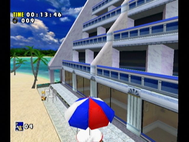 Sonic Adventure DX (Director's Cut) (GameCube) screenshot: Sonic at an island resort.
