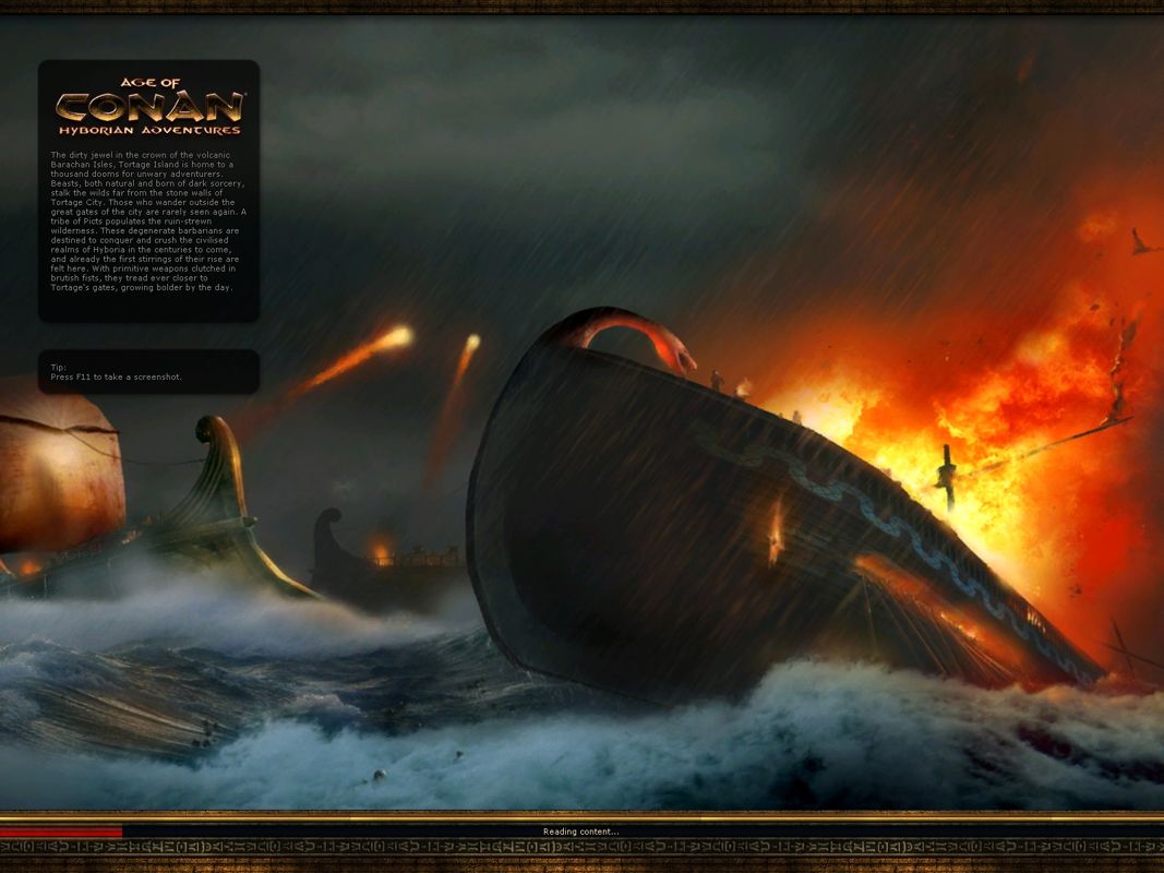 Age of Conan: Hyborian Adventures (Windows) screenshot: Loading Screen with tips and background story.