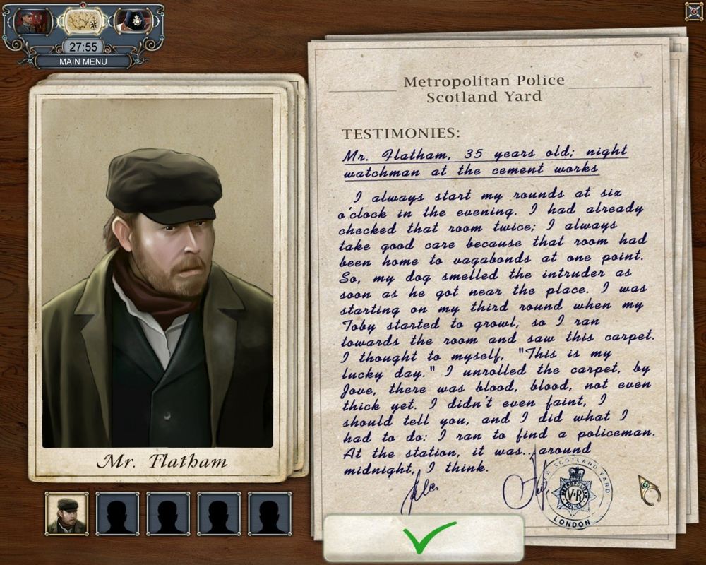 Sherlock Holmes: The Mystery of the Persian Carpet (Windows) screenshot: Testimony