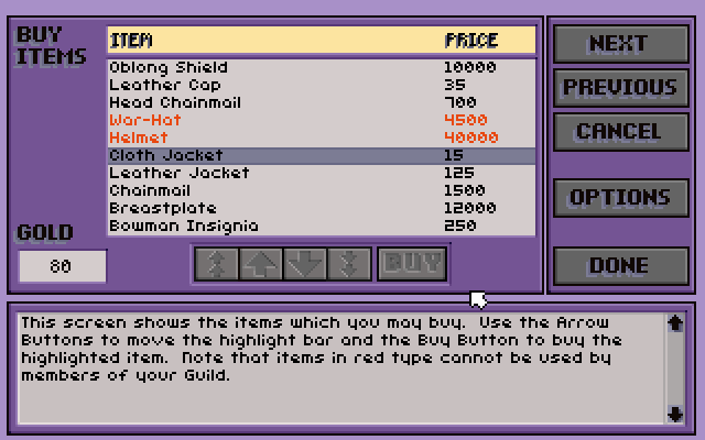 Shadow of Yserbius (DOS) screenshot: Shopping for new <b>armor & weapons</b> (look at those rock-bottom prices)